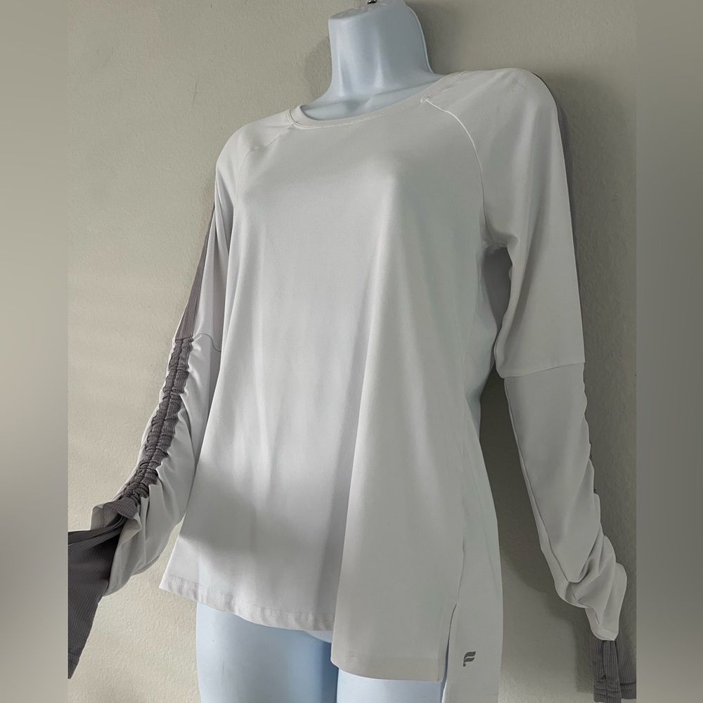 Long sleeve white with gray stripe on arms.